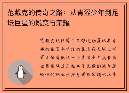 范戴克的传奇之路：从青涩少年到足坛巨星的蜕变与荣耀