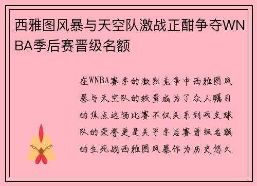 西雅图风暴与天空队激战正酣争夺WNBA季后赛晋级名额