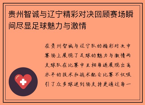 贵州智诚与辽宁精彩对决回顾赛场瞬间尽显足球魅力与激情